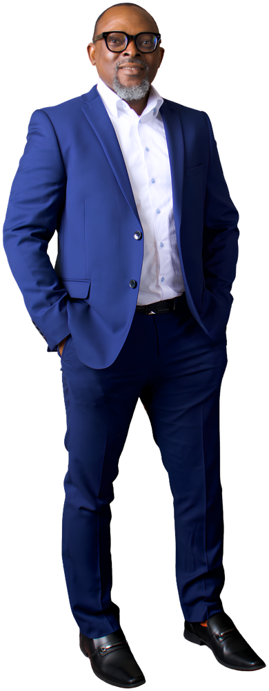 Trevor Emuobome in a blue suit, professional full-body portrait